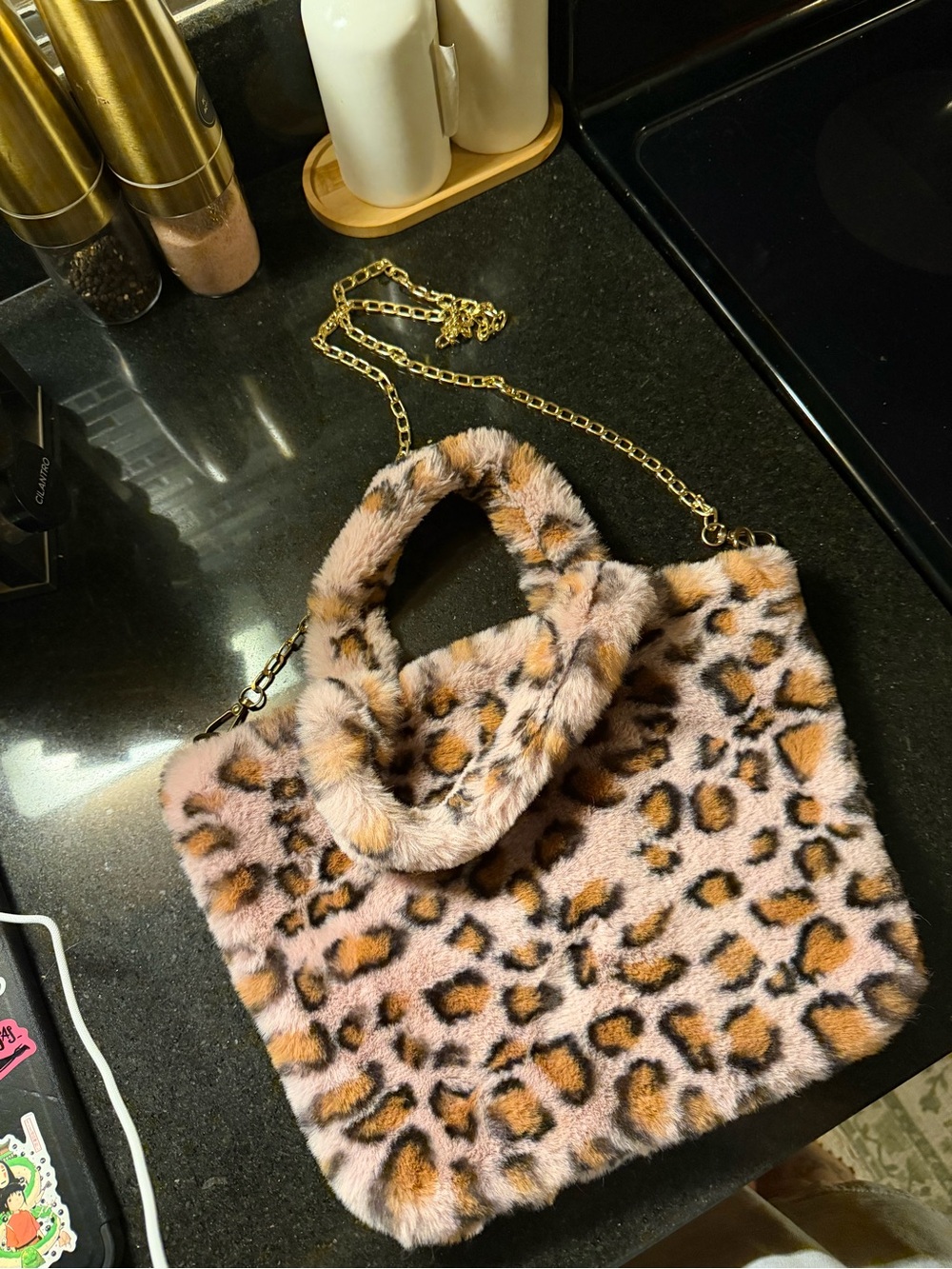 Faux Fur Leopard Print Tote Bag with Gold Chain - Pink/Brown